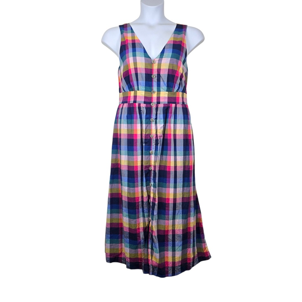 J.Crew Womens Sleeveless Colorful Plaid V-Neck Button Front Midi Dress Size 10